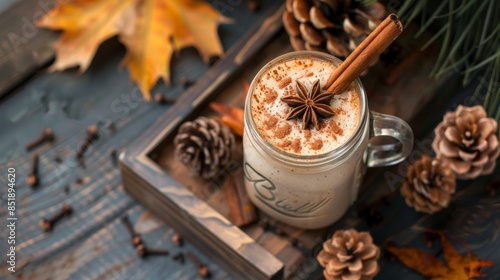 A close-up image of a creamy winter drink with cinnamon stick and star anise in a glass jar, surrounded by autumnal elements like pine cones and dried leaves