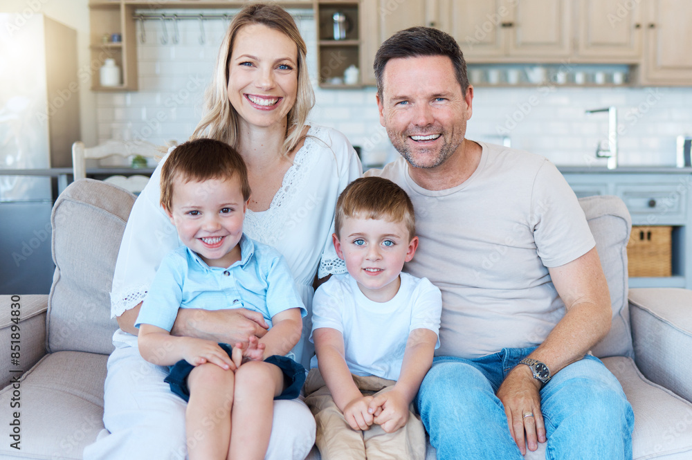 Portrait, young boys and people with play, happiness and bonding as family in home for growth or child development. Cheerful siblings, father and mother with kids as parents for love, relax or care Portrait, young boys and people with play, happiness and bonding as family in home for growth or child development. Cheerful siblings, father and mother with kids as parents for love, relax or care