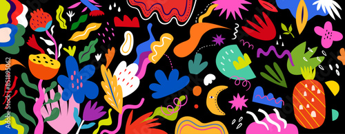 Colorful art floral background. Abstract bright doodles with flowers and leaves