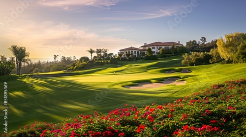 An immaculate golf course with a large house in the background during a picturesque sunset