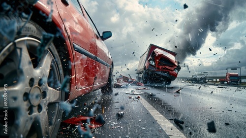 Intense scene of a car crash with flying debris and a toppled truck, capturing a moment of impact on a wet road