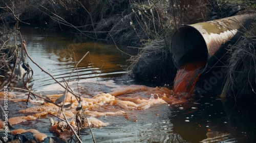 Waste from an industrial plant is discharged into the river from a drainpipe. water pollution from industrial waste photo