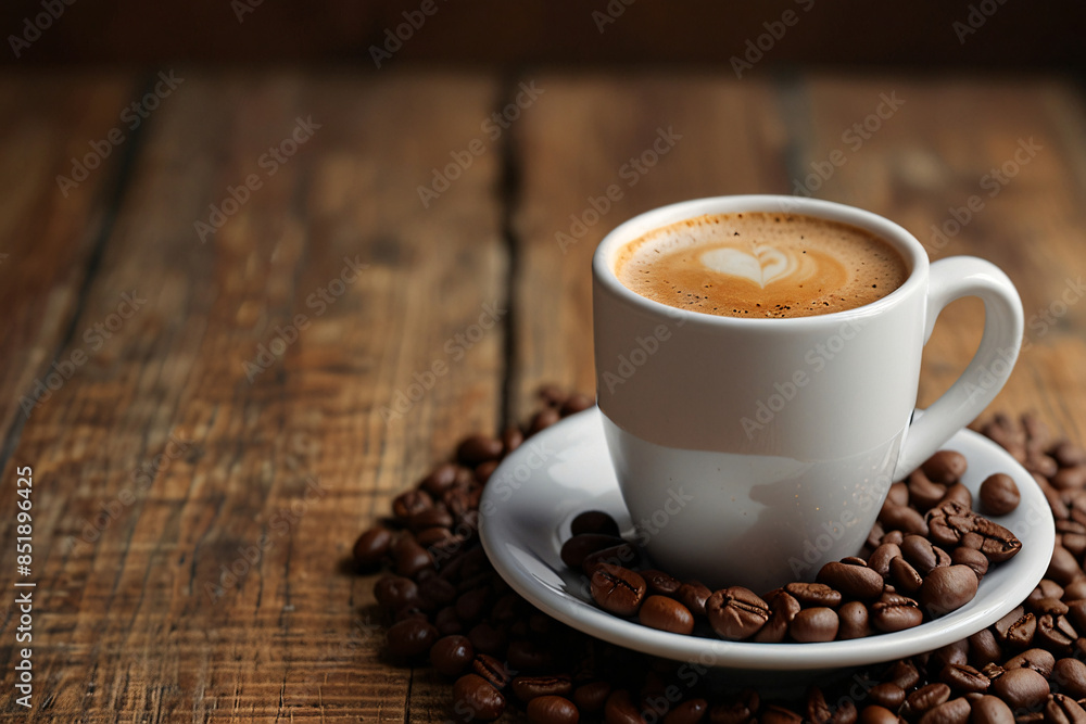 A mug of coffee with a wooden table and a napkin A mug of coffee with a wooden table and a napkin