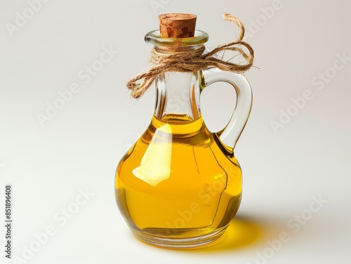 Small bottle of olive oil with cork stopper isolated in front of white background
