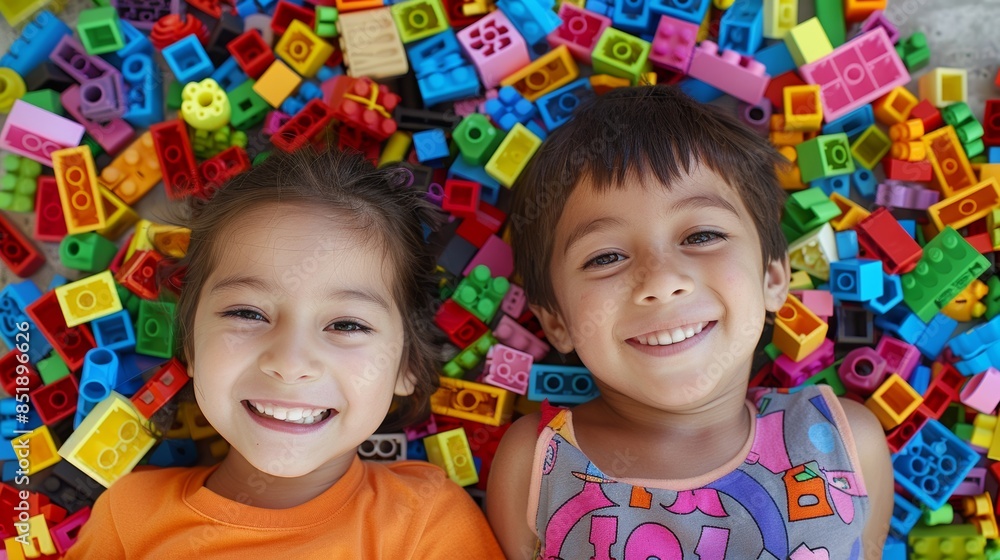 Happy young boy and girl lying on a vibrant assortment of colorful toy blocks, looking joyful and playful Happy young boy and girl lying on a vibrant assortment of colorful toy blocks, looking joyful and playful