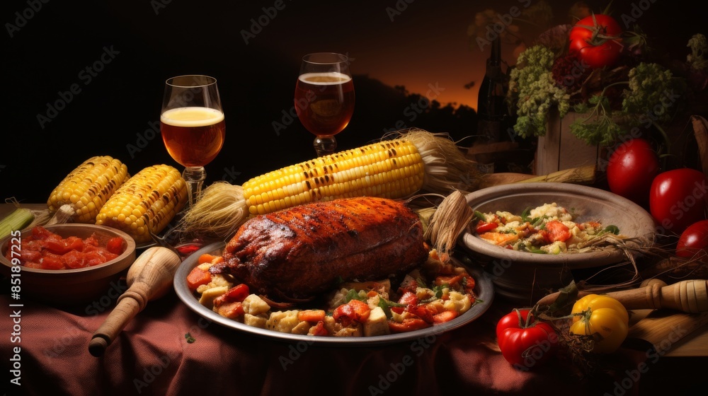 Sumptuous roast meat dinner with corn, vegetables, and wine set on a rustic table, capturing a warm and inviting meal setup. Sumptuous roast meat dinner with corn, vegetables, and wine set on a rustic table, capturing a warm and inviting meal setup.