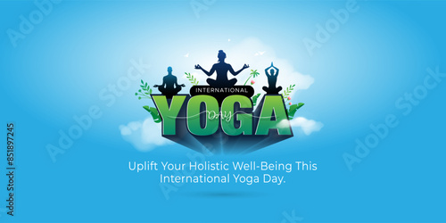 Yoga Day 3d typography with people practising yoga. Wishes greeting card.