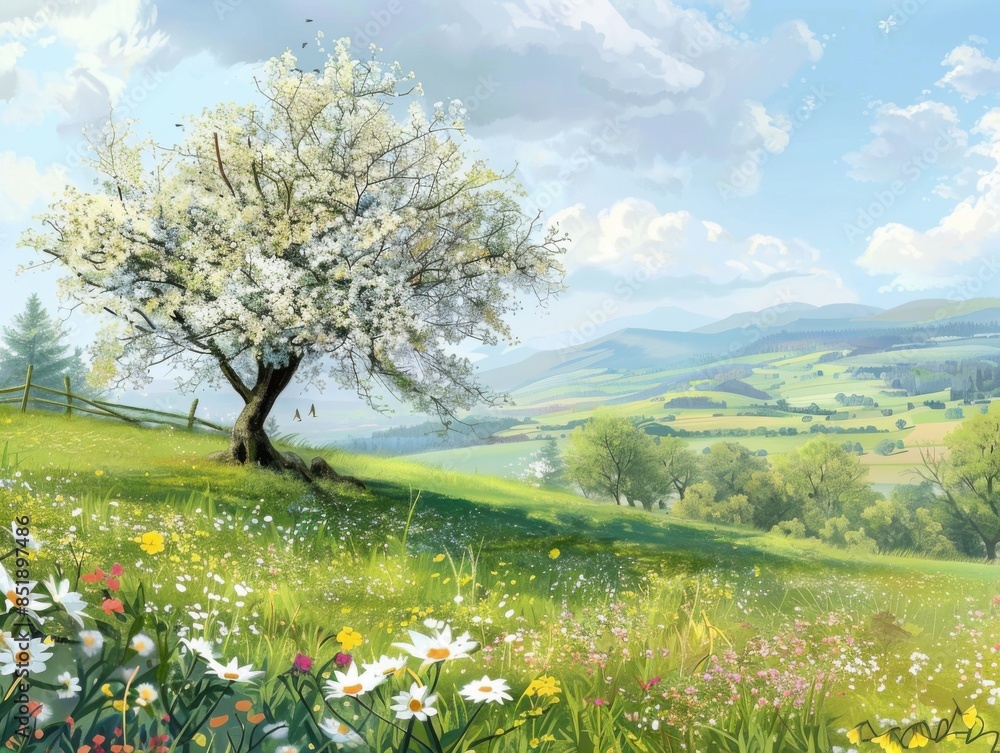 Idyllic meadow view with a cherry tree in blossom, surrounded by wildflowers and soft rolling hills Idyllic meadow view with a cherry tree in blossom, surrounded by wildflowers and soft rolling hills