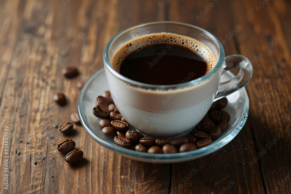 A mug of coffee with a wooden table and a napkin A mug of coffee with a wooden table and a napkin