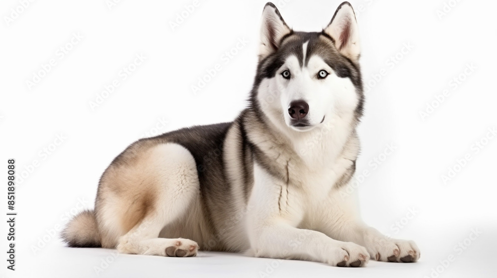 A photograph of an Alaskan Malamute seated in an alert posture, isolated against a white background. A photograph of an Alaskan Malamute seated in an alert posture, isolated against a white background.