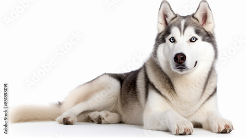 A photo of a Siberian Husky dog sitting in an alert position, isolated on a white background.