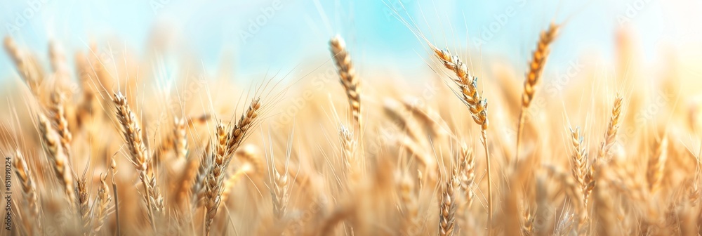 Fototapeta premium Abstract background of golden wheat ear in field with blue sky