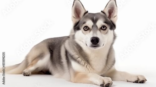 an adoreable photo of an alaskan malamute isolated on white background. photo