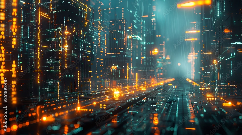 A high-tech background of cascading digital code and glowing symbols in a cyberpunk aesthetic A high-tech background of cascading digital code and glowing symbols in a cyberpunk aesthetic