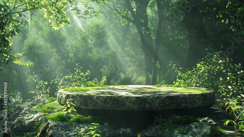 Serene forest grove featuring a large stone platform, embraced by rich green foliage and illuminated by soft, diffused sunlight