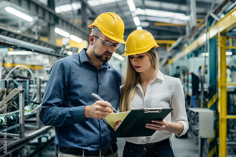 Amidst the whir of robotic arms and automation, two project managers oversee the efficient storage of products and materials in a contemporary industrial factory Amidst the whir of robotic arms and automation, two project managers oversee the efficient storage of products and materials in a contemporary industrial factory