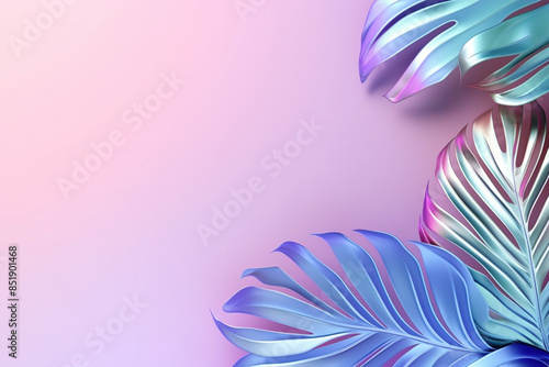 Dreamy, vibrant background with holographic tropical leaves. Copy space for text. Color gradient, y2k style, 2000s. Iridescent surface. Monstera plant.