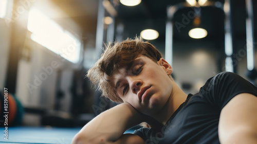 Tired young man resting in a gym.