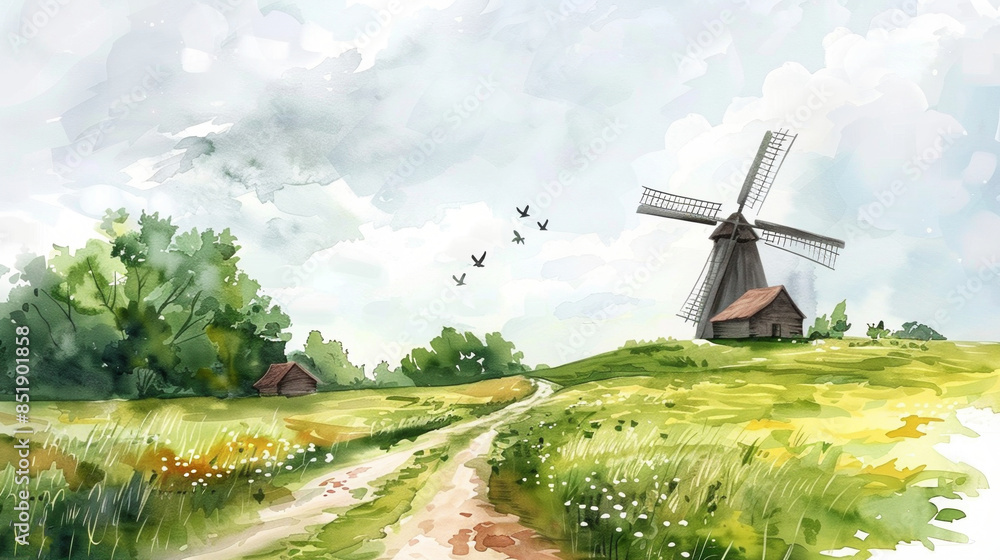 Fototapeta premium Artistic painting of rural countryside scene with traditional windmill