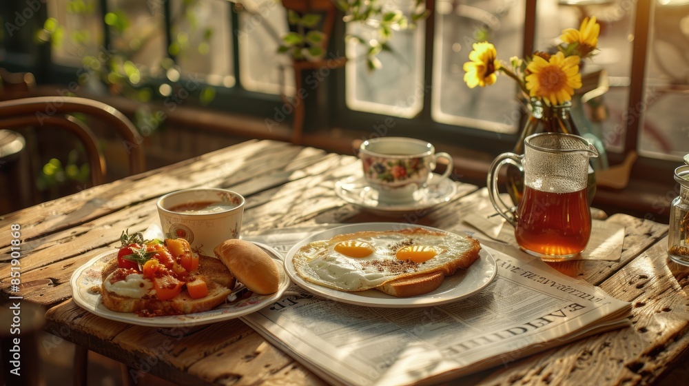 A rustic table setting with a breakfast of eggs, toast, and coffee, perfect for a cozy morning meal. A rustic table setting with a breakfast of eggs, toast, and coffee, perfect for a cozy morning meal.