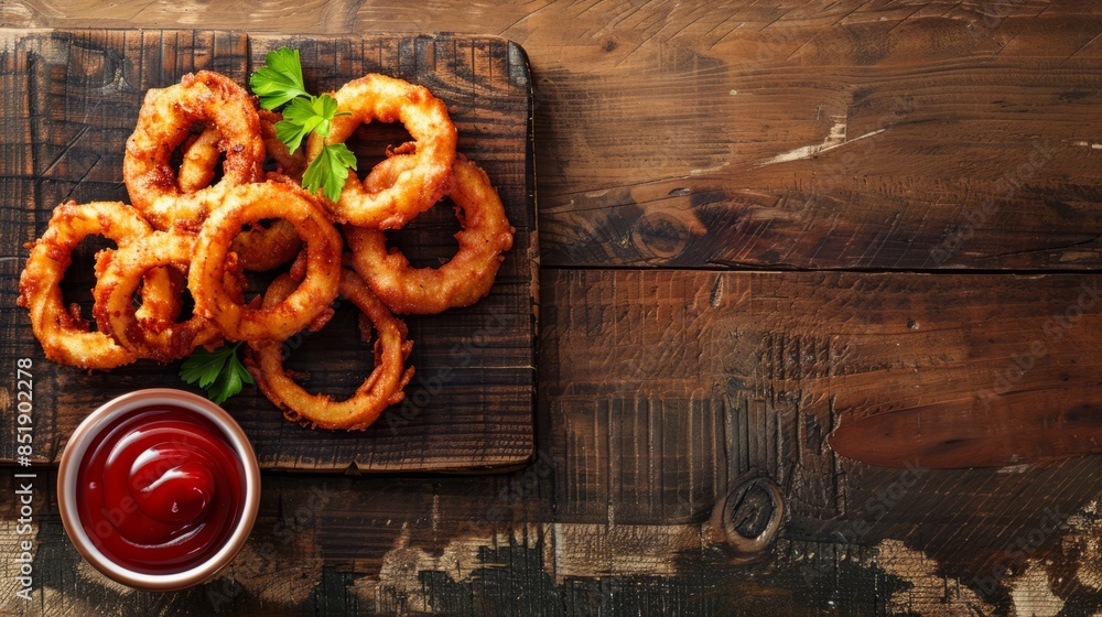 Homemade Crispy Deep-Fried Onion Rings with Ketchup on a rustic wooden board, top view. flat lay. Space for text. Homemade Crispy Deep-Fried Onion Rings with Ketchup on a rustic wooden board, top view. flat lay. Space for text.