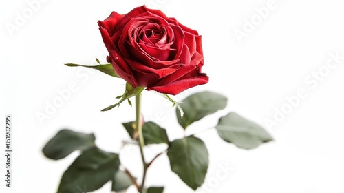 A stunning red rose stands out against a white background