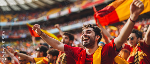 Spain football supporter fans cheering with confetti watching soccer match event at stadium - Young people group with red and yellow t-shirts having excited fun on sport european championship concept
