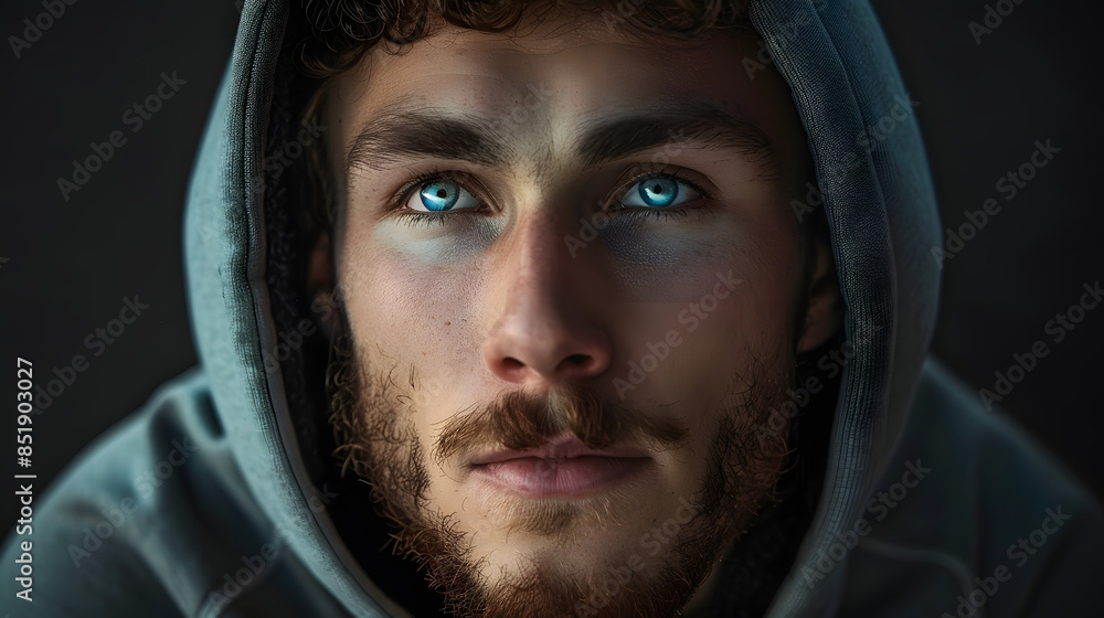 A man with a beard and blue eyes is wearing a hoodie. He is looking up at the camera A man with a beard and blue eyes is wearing a hoodie. He is looking up at the camera