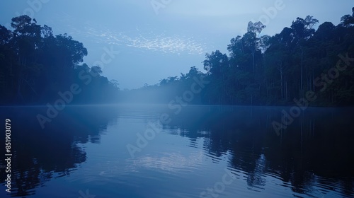A serene and misty lake scene with lush trees reflected in the tranquil water. The blue hues create a peaceful and ethereal atmosphere.