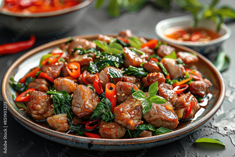 Thai pad ka prao, Stir fry pork with holy basil, rustic table, plain background. Generative AI. Thai pad ka prao, Stir fry pork with holy basil, rustic table, plain background. Generative AI.