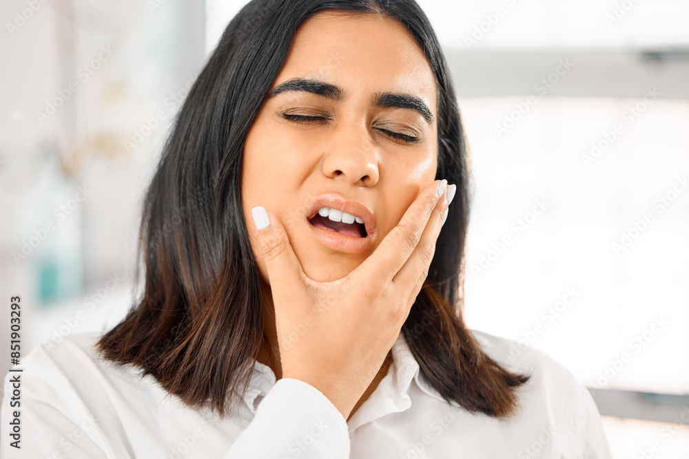 Woman, toothache and mouth pain in home for cavity, tooth infection or dental emergency. Gums, healthcare and female person with hand on face for oral hygiene, inflammation or gingivitis problem Woman, toothache and mouth pain in home for cavity, tooth infection or dental emergency. Gums, healthcare and female person with hand on face for oral hygiene, inflammation or gingivitis problem