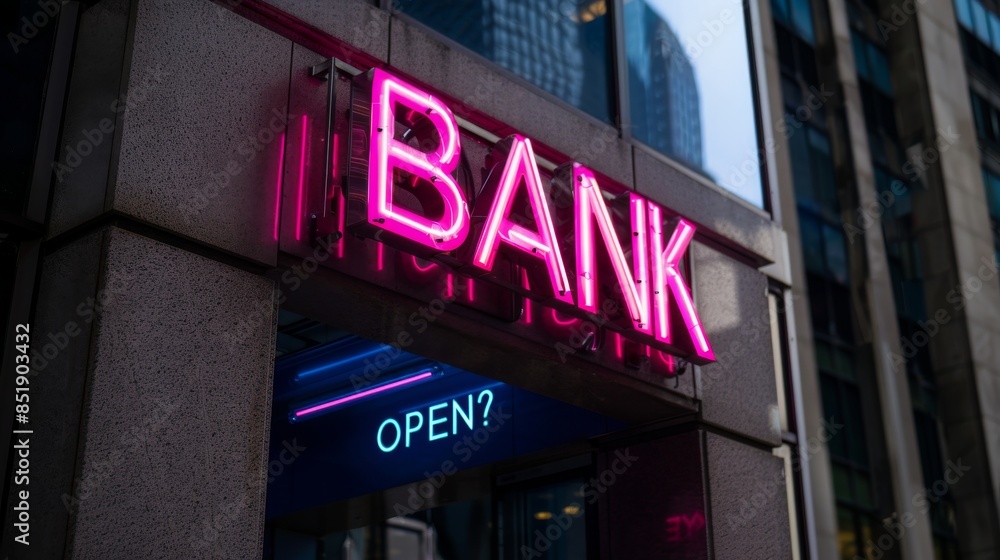 Modern bank building with glass facade and neon Modern bank building with glass facade and neon