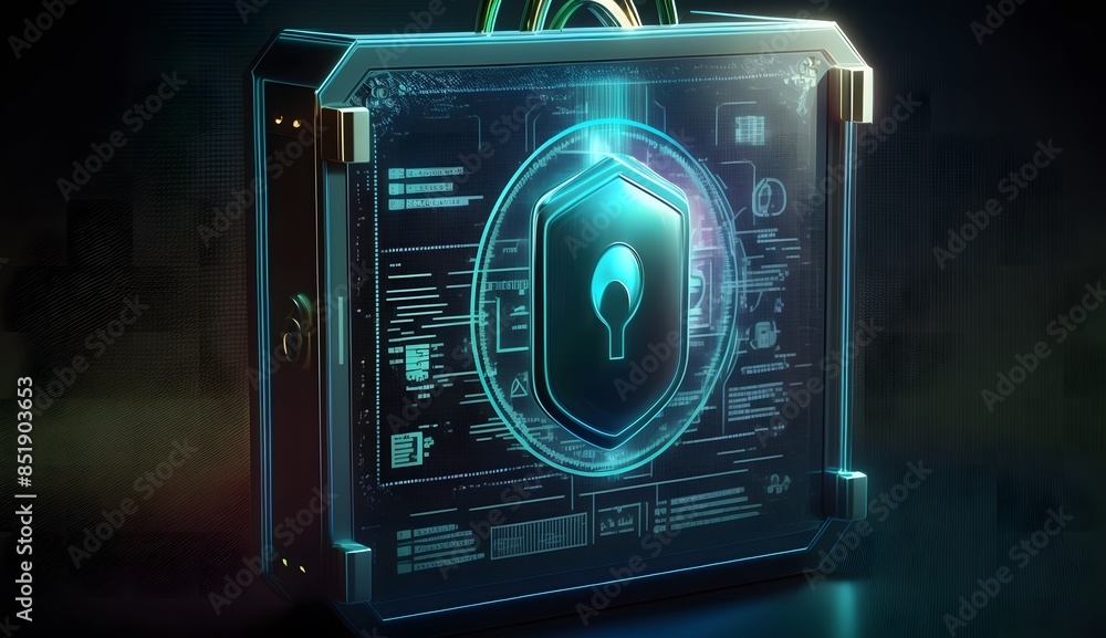 Fototapeta premium Cyber security and online data protection on internet. Cybersecurity, privacy, network technology. Encrypted data, holographic secure access system interface with lock icon.