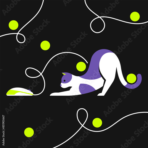 Vector illustration of a cat playing with computer mouse