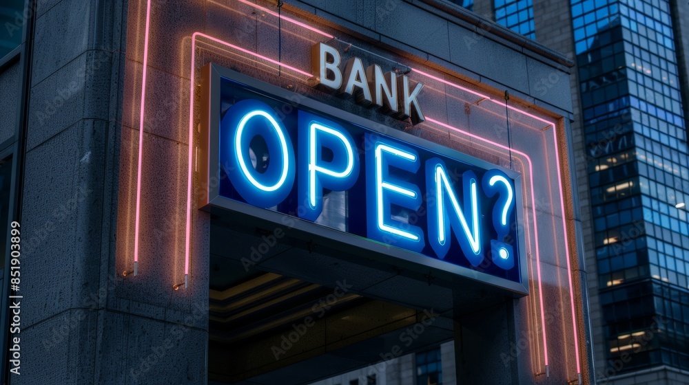 Modern bank building with glass facade and neon Modern bank building with glass facade and neon