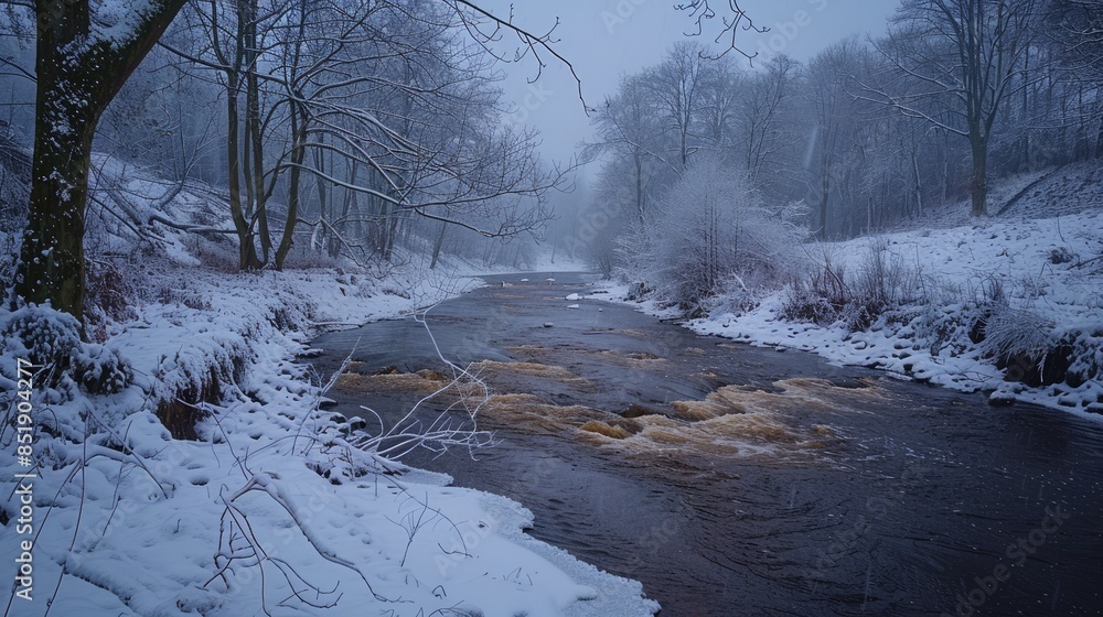 Fototapeta premium A serene river flows through a snow-covered forest, creating a winter wonderland scene. The trees are bare and the sky is overcast, adding to the sense of tranquility.