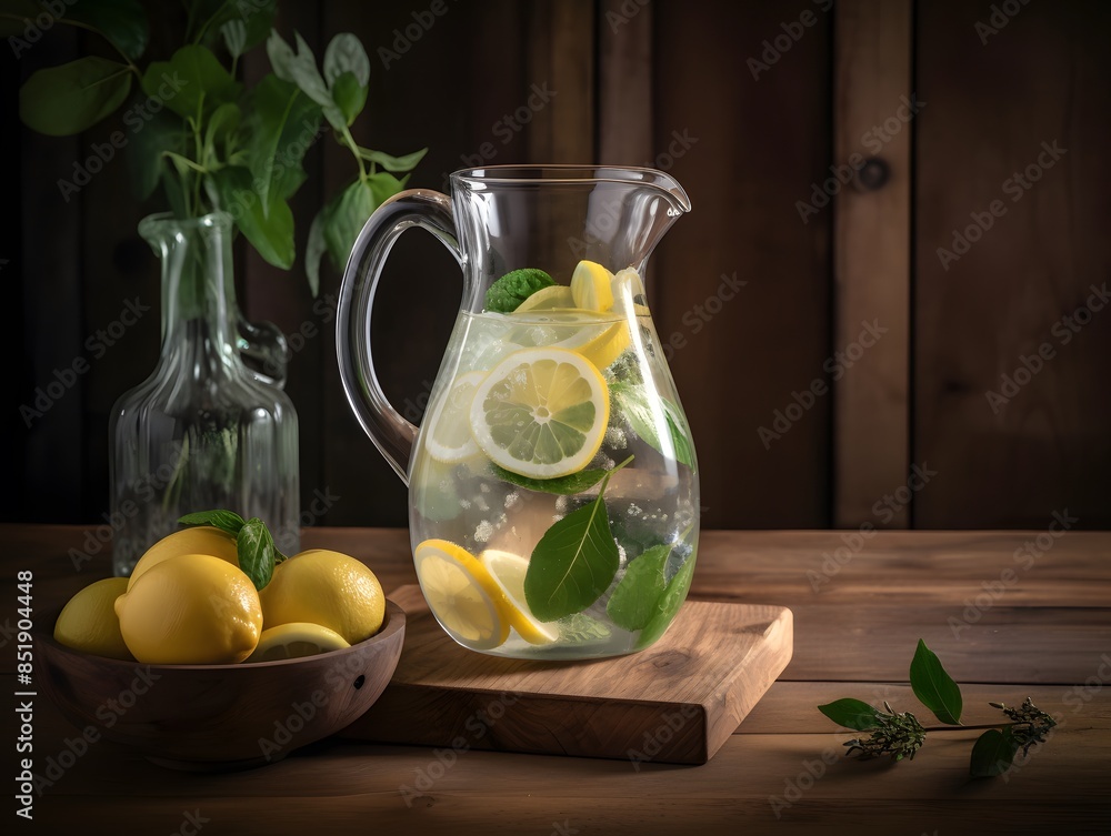 Fototapeta premium Fruit water in a glass pitcher flavored with lemon, lime, cucumber, and mint 