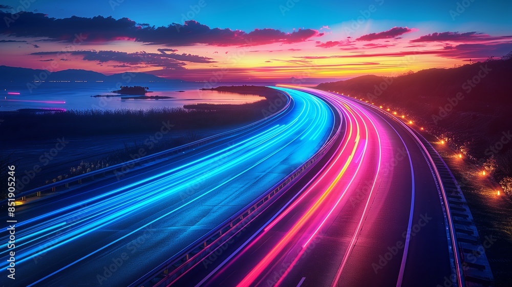 Neon light trails from cars on highway at dusk Neon light trails from cars on highway at dusk