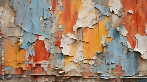 a weathered wall with large patches of peeling paint, showcasing a variety of colors and textures, from smooth and glossy to rough and cracked, for a visually engaging backdrop.