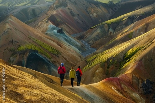 Picturesque landscape with sulfur smoke  tourists hiking through © Mark