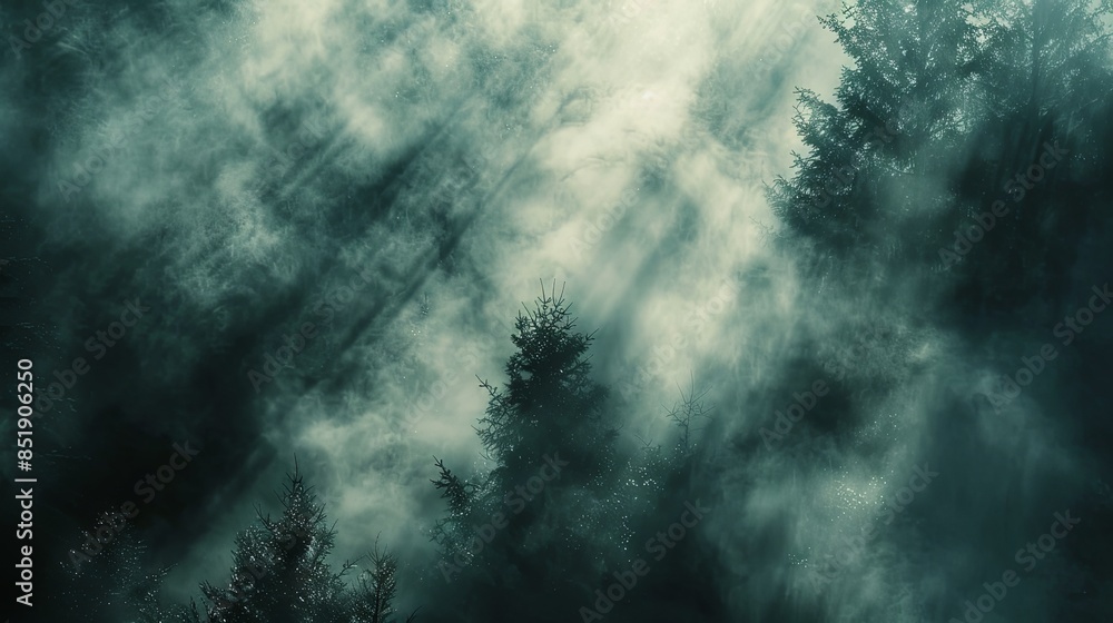 Fototapeta premium A mysterious background of a dense forest shrouded in thick, rolling fog with soft, diffused light