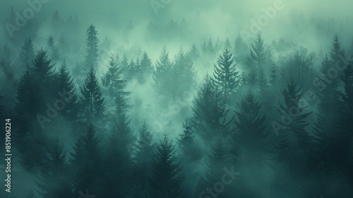 A mysterious background of a dense forest shrouded in thick, rolling fog with soft, diffused light photo