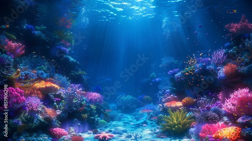 A mysterious background of deep-sea coral reefs with glowing marine life and dark blue waters 