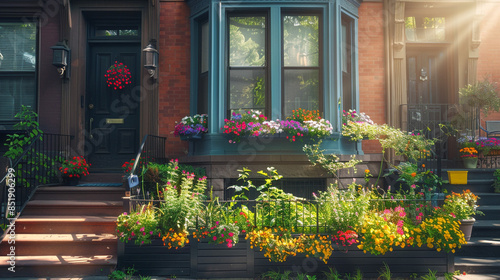 Decent townhouse with a bay window and a colorful window box.