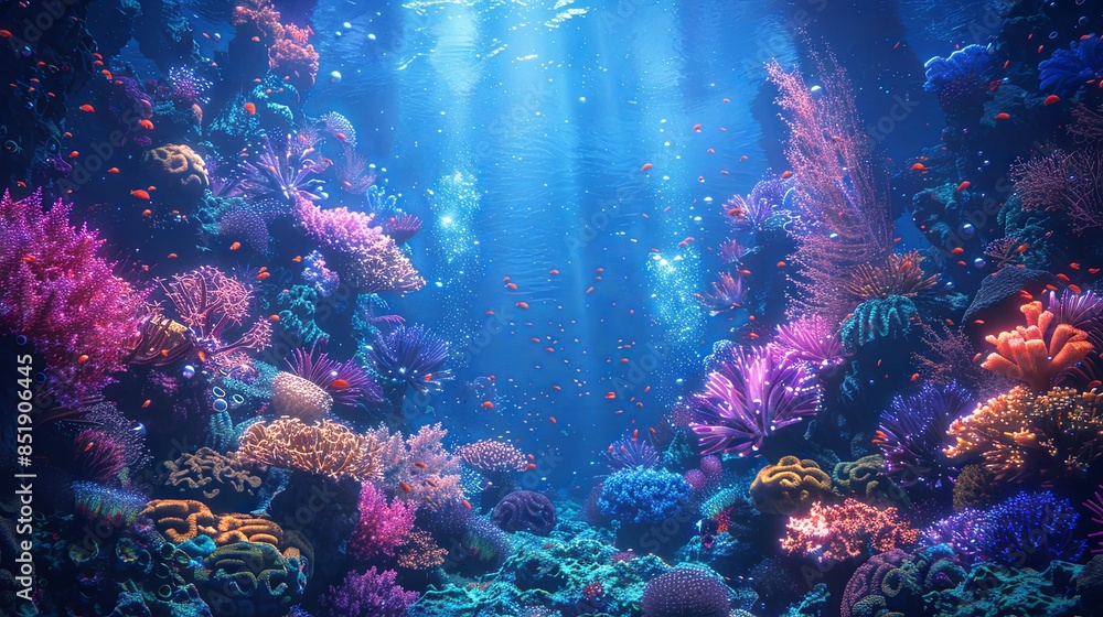 Fototapeta premium A mysterious background of deep-sea coral reefs with glowing marine life and dark blue waters 