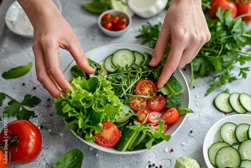 Hands Preparing Fresh Vegetable Salad with Tomatoes, Cucumbers, Leafy Greens - Healthy Diet Concept