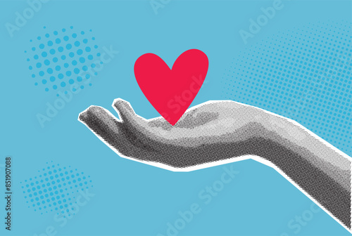 heart on the palm, charity illustration, trendy halftone magazine style, vector banner