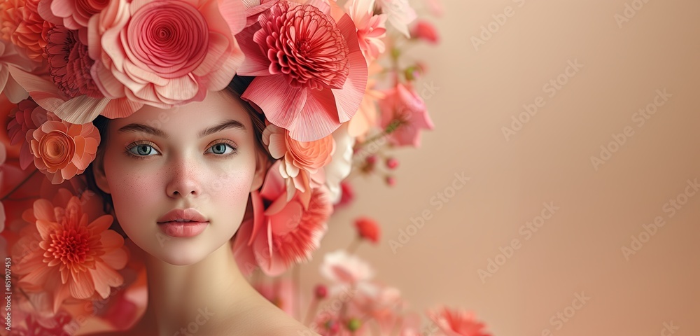Woman with floral headdress and soft background Woman with floral headdress and soft background