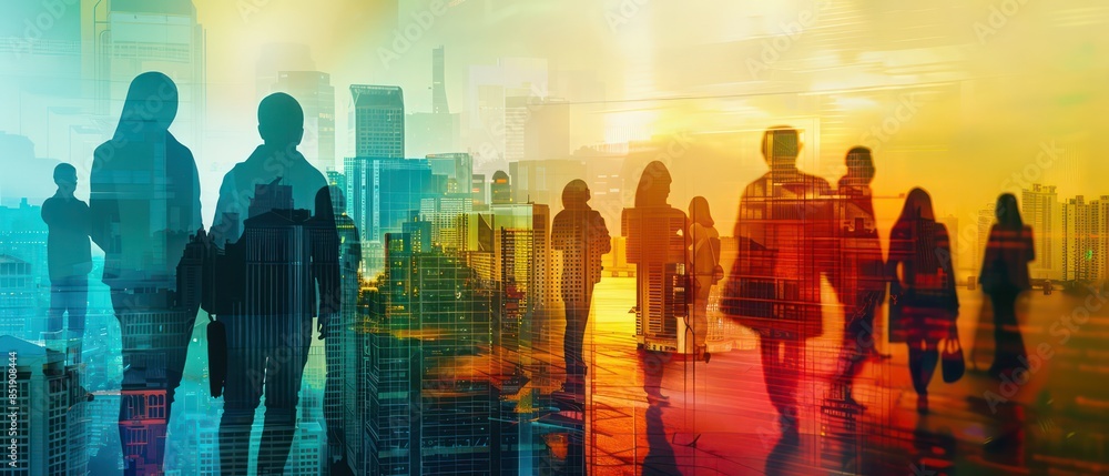 Obraz premium People and network, silhouette of people looking at a city to learn more about business, digital mixed media