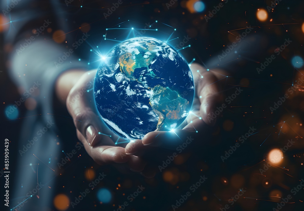 Hand holding glowing digital network with blue globe on dark background, technology concept for global connection and connectivity or online communication
Hand holding glowing digital network with blue globe on dark background, technology concept for global connection and connectivity or online communication